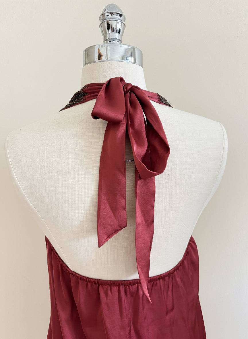 Dark Rose Beaded Halter Dress