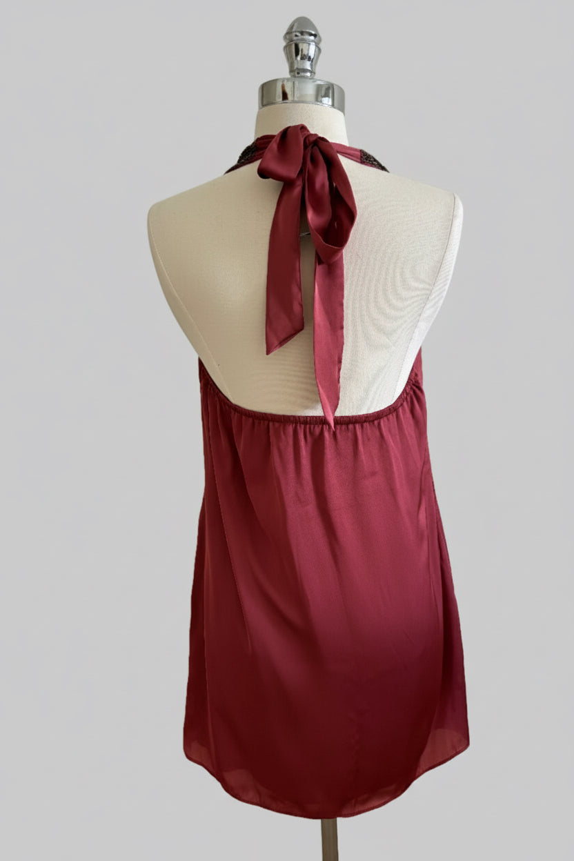Dark Rose Beaded Halter Dress